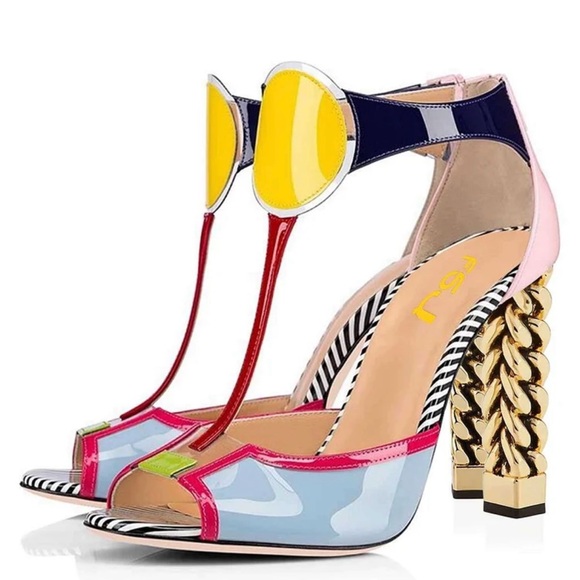 FSJ Shoes - FSJ Multicolor Patent Leather T-Strap Heels | Gold Chain Block Heel | 8.5